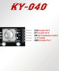 KY-040 360 Degree Rotary Encoder Module Kit close-up showing connection pins for Arduino, including CLK, DT, and GND.