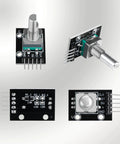 KY-040 360 Degree Rotary Encoder Module Kit With Knob Caps For Arduino Pack Of 6 close-up front and side views, black PCB with pins