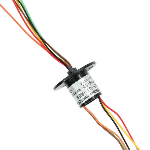 12.5mm Capsule Slip Ring, 6 Wires, 300 RPM, AC 240V, shown with multicolored wires, maintenance-free, for monitors and robotic systems.