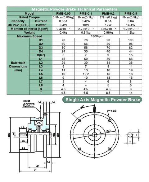 Technical diagram of Micro Magnetic Powder Brake Clutch for servo motors with specifications showing dimensions and torque ratings.