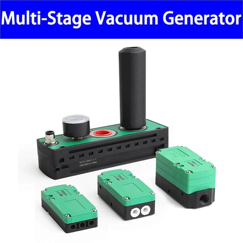 Compact Mini Multi Stage Vacuum Generator with energy saving design, shown with PBX and PBM series compatibility on shop floor equipment.