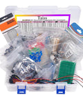 2016-Piece Electronics Component Kit Assortment with resistors, capacitors, LEDs, and jumper wires in a clear storage box