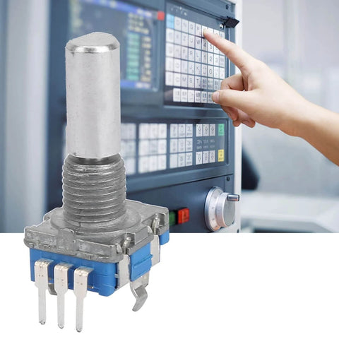 Close-up of a Two In One Rotary Encoder Switch With Digital Potentiometer for automotive and multimedia applications, shown near control panel.