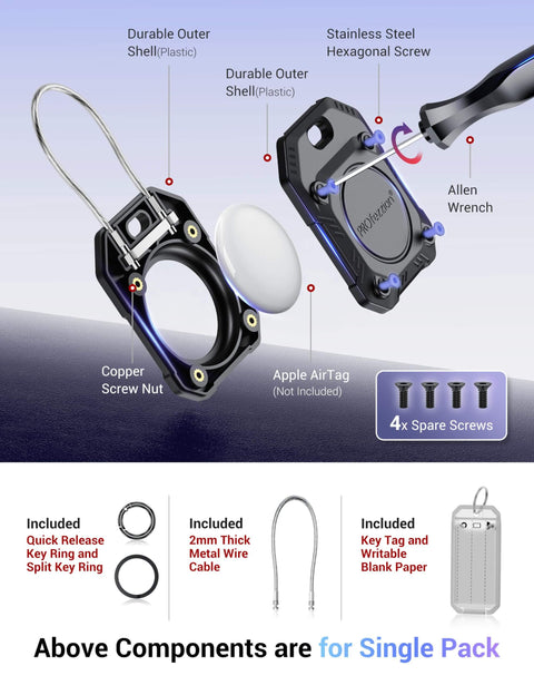 Exploded view of Air Tag Holder with durable hard shell case, wire cable, key ring, Allen wrench, and spare screws for secure attachment.