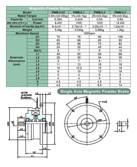 Technical diagram of Powder Brake Clutch For Workhorse Industrial Motors Micro Magnetic Brake System 1800 RPM Torque Range 0.5 To 10 Nm Load 0.05 To 1 Kg DC 24V PMB PMC Model Magnetic Particle Clutch Unit For High Speed Machinery with dimensions and specifications table.