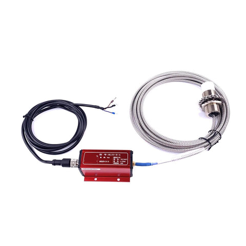 Eddy Current Displacement Sensor ML33-B-A 4-20mA Signal, braided cable, red housing, industrial use, stainless steel non-contact transducer.