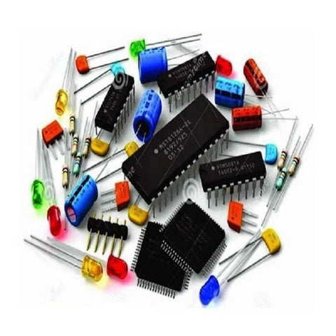 Assorted electronic components including IC chips, LEDs, capacitors, resistors, and diodes for circuit assembly.