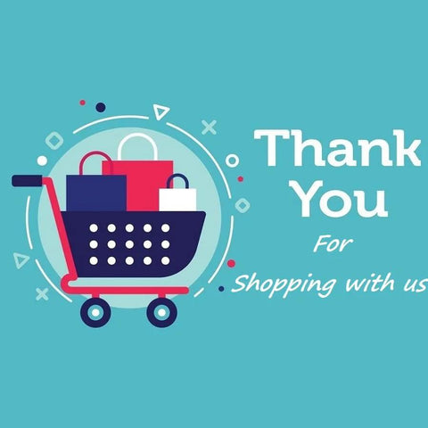 Illustration of a shopping cart with bags and thank you message on blue background