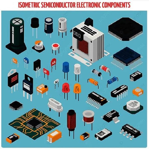 Isometric illustration of semiconductor electronic components including chips, capacitors, and resistors on a blue background.