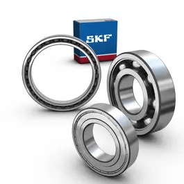 Three SKF 6203 2RSLTN9 HC5C3WT Deep Groove Ball Bearings with box, showing dual seals and compact design.