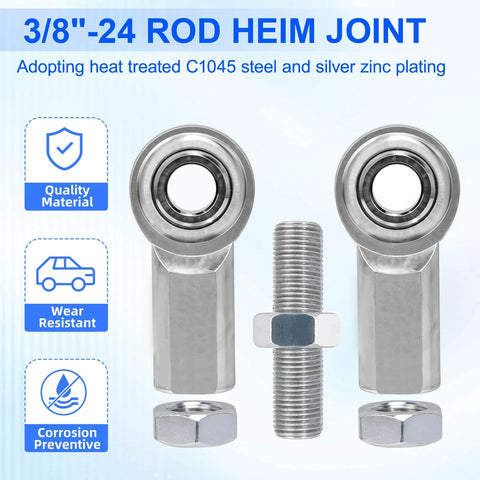 Adjustable 3/8-24 Thread Turnbuckle with 3/8 Bore Heim Joints Rod End Set, Right and Left Hand Threads in Heavy Duty Carbon Steel