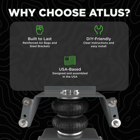 Air Bag Suspension Kit for Ram and Ford Trucks with reinforced air bags and steel brackets, DIY-friendly installation.