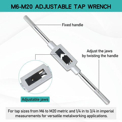 Adjustable Tap Wrench Handle For M6 To M20 And One Quarter To Three Quarter Inch Taps showing adjustable jaws and fixed handle.