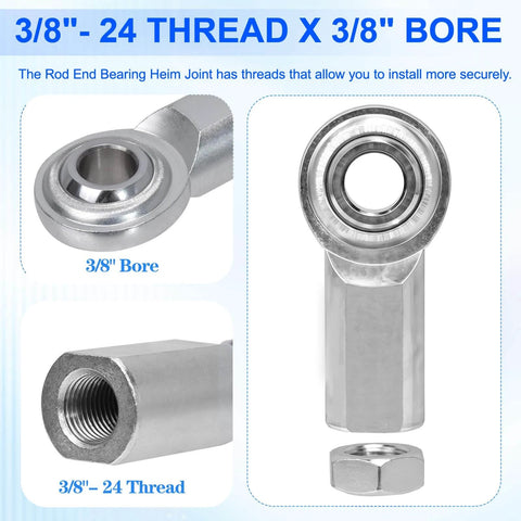 Adjustable 3/8-24 Thread Turnbuckle with 3/8 Bore Heim Joints Rod End Set, shown with bore and thread details.