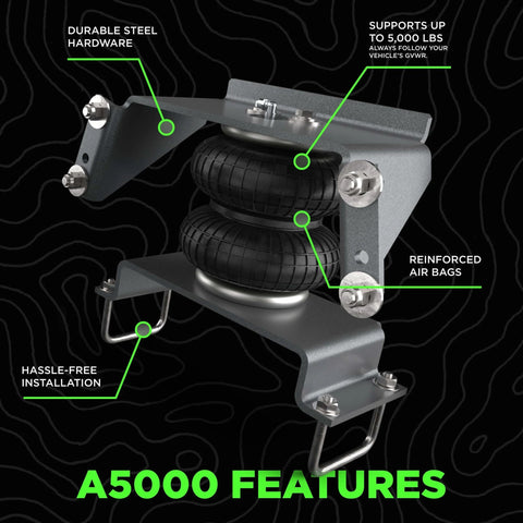 Air Bag Suspension Kit for Ram and Ford Trucks, steel hardware, reinforced air bags, A5000 features, adjustable rear air springs