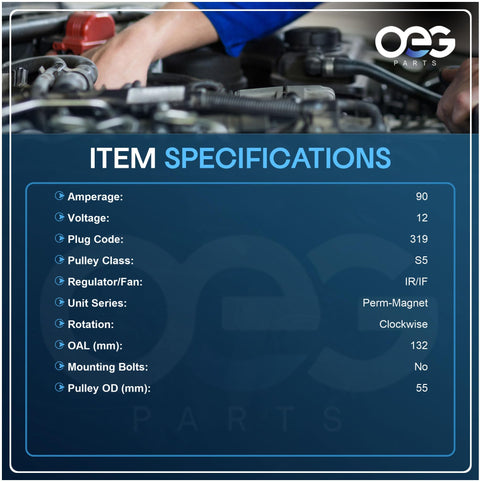 Specifications chart for New 12V PMA Drop-In Plug-And-Play Alternator For Subaru 2.5L Engines, showing amperage and dimensions.