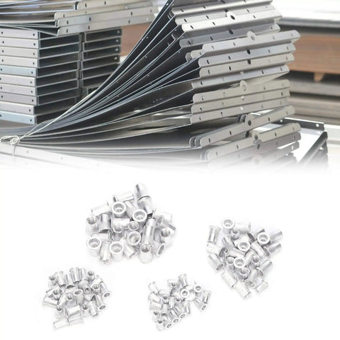Aluminum Rivet Nuts Kit M4 M5 M6 M8, 100 Pieces, displayed with stacked metal sheets for electromechanical assembly.