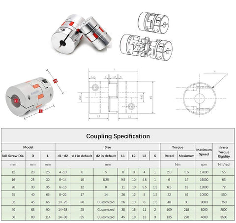 Technical diagram and specs for 16mm Anti-Backlash Ball Screw Kit SFU1605 RM1605 with 300mm Length 5mm Lead CNC Machines Coupler