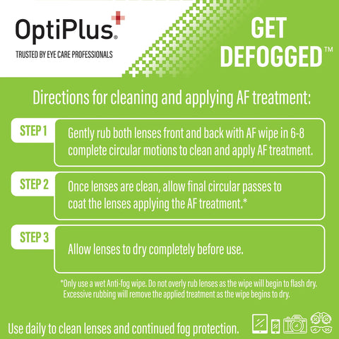 Front view of OptiPlus Anti-Fog pre-moistened cleaning wipes for glasses and screens, 100 count
