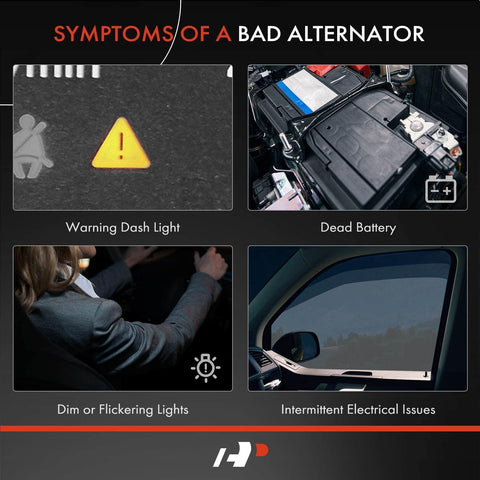Diagram showing symptoms of a bad alternator: warning dash light, dead battery, dim or flickering lights, electrical issues