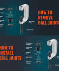 Diagram showing Ball Joint Press Kit, 21 pcsTool Kit installation and removal process for ball joints on 2WD and 4WD cars.