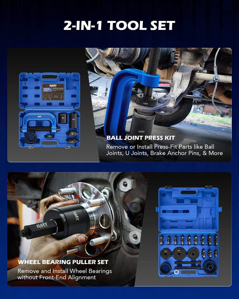 34pc Ball Joint & Wheel Bearing Press Kit with Front Wheel Drive Bearing Puller Tool Set displayed in blue case and in use on vehicle.