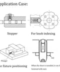 Diagram showing application cases of 5x5mm Ball Plunger Set, 304 Stainless Steel Spring Loaded Ball Detent Plungers for precise positioning.