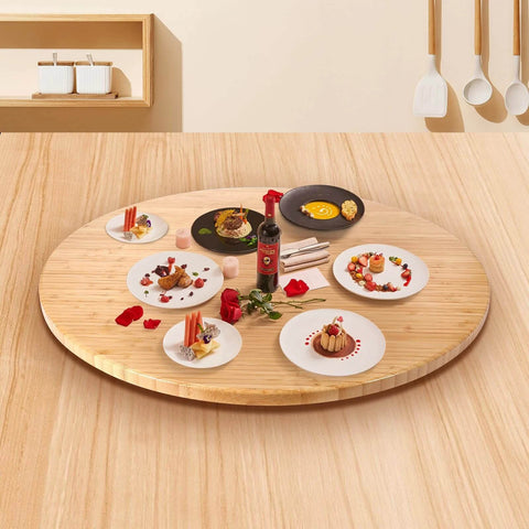 26 Inch Bamboo Large Lazy Susan for Dining Table with dishes, Natural Bamboo Turntable Top, Heavy Duty Metal Rotating Hardware
