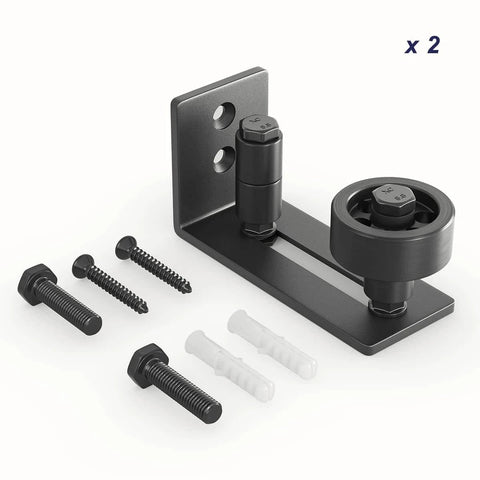 Sliding barn door floor guide with adjustable bottom rollers, black, solid steel and POM nylon, shown with installation screws, 2PCS
