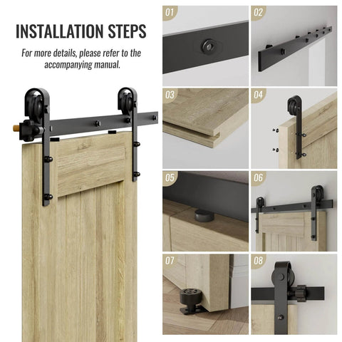Installation guide for 6.6FT sliding barn door hardware kit for single door, carbon steel black track system and wood door panel