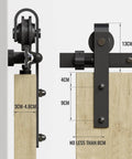 Close-up of 6.6FT sliding barn door hardware kit for single door, carbon steel black track system, supports 3.3ft wide doors