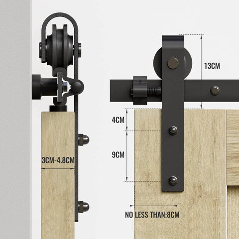 Close-up of 6.6FT sliding barn door hardware kit for single door, carbon steel black track system, supports 3.3ft wide doors