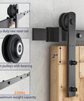 7ft Barn Door Hardware Kit with I shape hanger, black sliding door track, heavy duty carbon steel, nylon rollers, front view installation