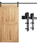 7.5ft Barn Door Hardware Kit with I shape hanger shown with wood door and carbon steel track, easy installation for 42 to 45 inch panels.