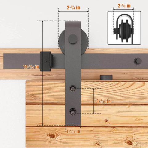 Close-up view of the 8FT Barn Door Hardware Kit with Heavy Duty Sliding Track, J Shaped Carbon Steel System, showing roller dimensions.