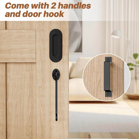 Wooden door with black handle and hook from 8FT Sliding Barn Door Hardware Kit Heavy Duty with I Shape Hanger.