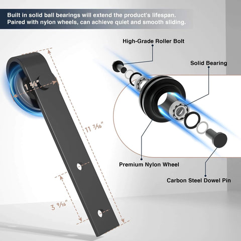 Exploded view of the 7.5FT Sliding Barn Door Hardware Kit for Single Doors up to 45 Inch, showing nylon rollers and carbon steel track components.