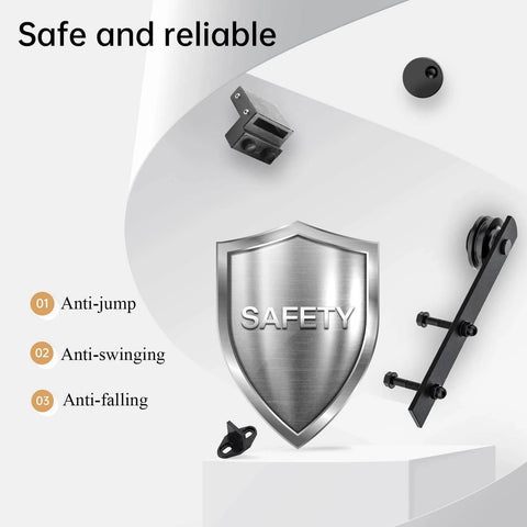 Safety features of 12 FT Double Door Sliding Barn Door Hardware Track Kit with Straight Pulley, showing anti-jump, anti-swinging, and anti-falling components
