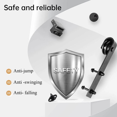 Safety features of 12 FT Double Door Sliding Barn Door Hardware Track Kit with basic J pulley, anti-jump, anti-swing, anti-fall.