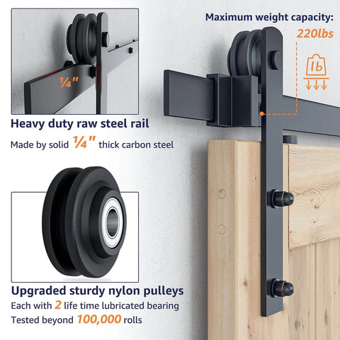 Close-up of 7FT Double Sliding Barn Door Hardware Kit showing heavy duty carbon steel track and quiet nylon rollers installed on wooden door.
