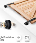 14 FT Double Door Sliding Barn Door Hardware Track Kit with basic J pulley, shown with smooth ball bearing rollers for easy installation.