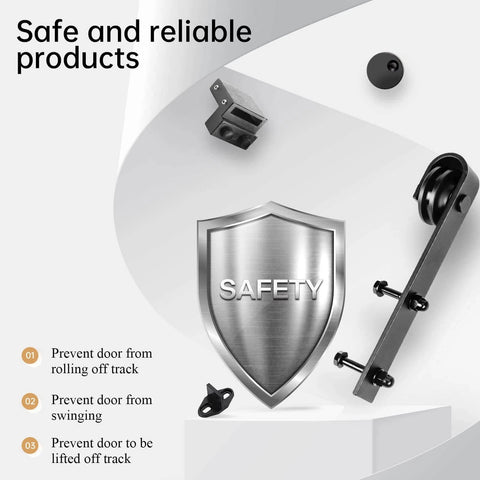 Safety components of 9 FT Double Door Sliding Barn Door Hardware Track Kit with basic J pulley, steel rails, preventing door issues.