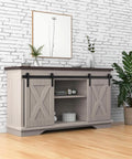 TV stand with 6FT Super Mini Barn Door Hardware Kit for Sliding Double Doors. I Shape Hanger in carbon steel, frosted black finish.