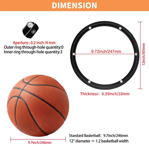 Dimensions of 12 Inch Heavy Duty Lazy Susan Hardware, Metal Rotating Turntable Bearing Ring, showing aperture and thickness, with basketball for scale.