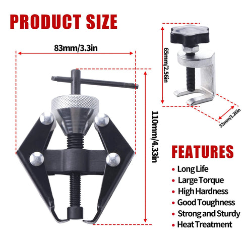 Battery Terminal and Wiper Arm Puller Tools with dimensions and features, including Long Life and Large Torque.