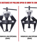 Battery Terminal and Wiper Arm Puller Tools, showing minimum jaw openings of 6mm and 8mm, heavy-duty design for arm removal