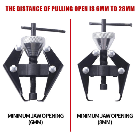 Battery Terminal and Wiper Arm Puller Tools, showing minimum jaw openings of 6mm and 8mm, heavy-duty design for arm removal