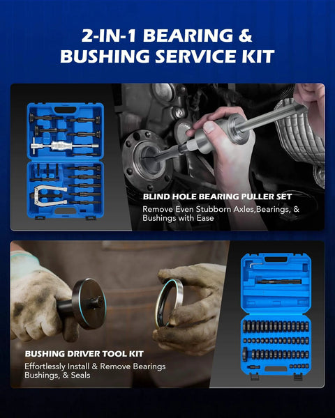 2 in 1 Blind Hole Bearing Puller & Bushing Press Kit with blue tool case, bearing puller, and driver tool kit in use