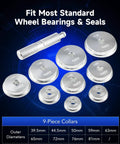 10pc Bearing Press Kit with Race and Seal Driver Set showing aluminum adapters and knurled handle on dark background.