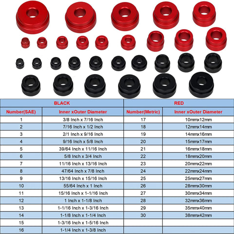Bearing Press Kit, Bearing Race and Seal Driver Set showing 43-piece sizes in red and black, with diameter chart in inches and metric